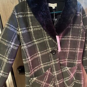 Elegant Plaid Pea Coat - Black and White